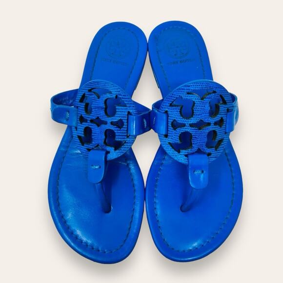 Tory Burch Tejus Embossed Leather Miller Sandal Bright Tropical Blue 5.5 Women’s - Picture 12 of 12